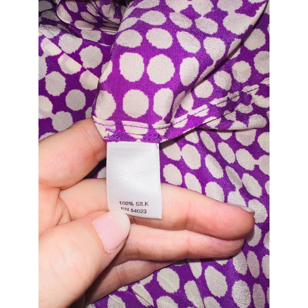 WB10‎ Banana Republic Polka Dot  Blouse Silk Top Women's Tall L Purple White